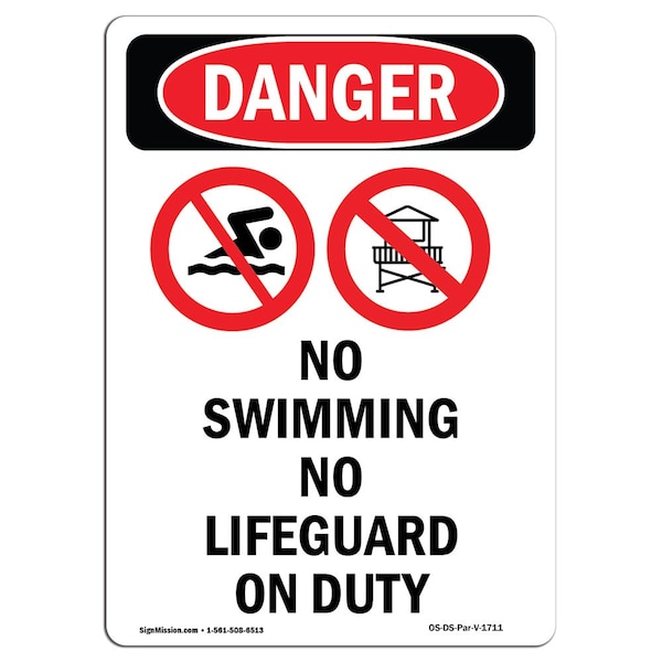 Safety Sign, OSHA Danger, 5" Height, No Swimming No Lifeguard, Portrait, 10PK